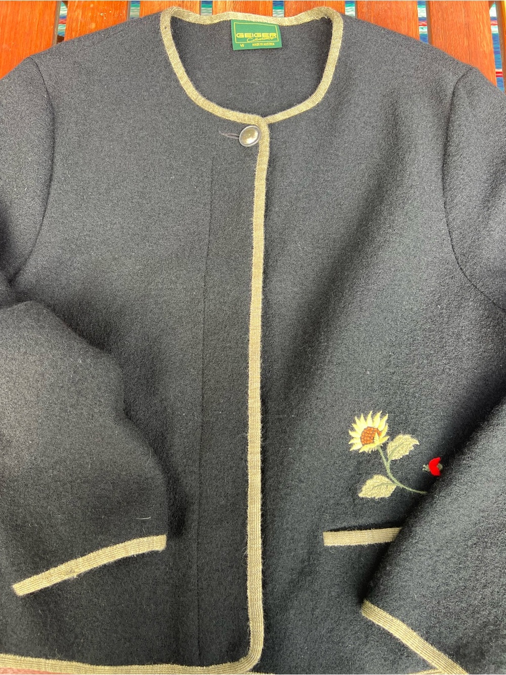 Geiger Austrian Black Wool Blazer with Sunflower embroidery